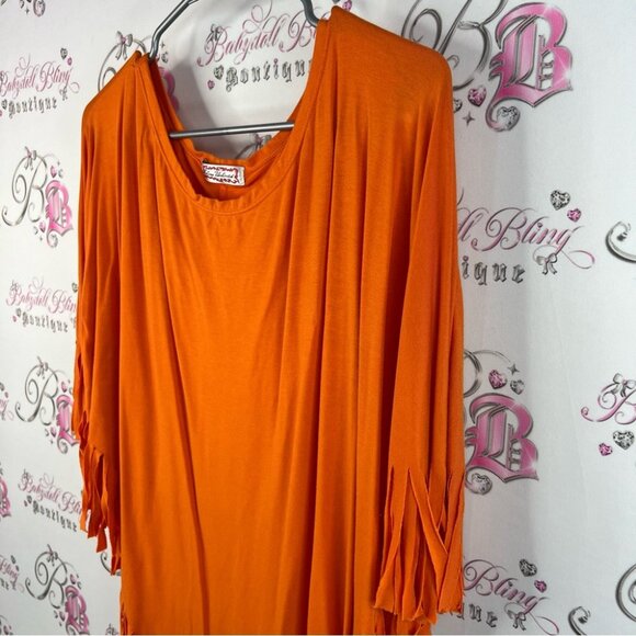 Poncho pull over bright Vibrant Orange Fringe Poncho tassle bottom hem comfy - Picture 5 of 10